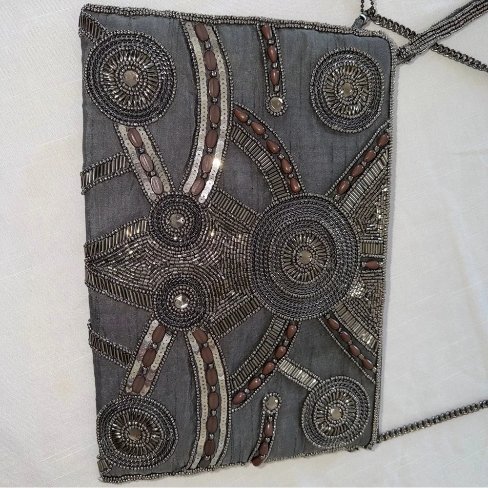 Vintage Mary Frances Gray Beaded Clutch crossbody with brown bead accents India